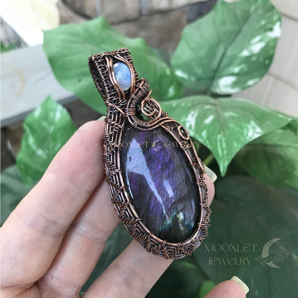 woven purple labradorite & moonstone copper pendant moonlet jewelry