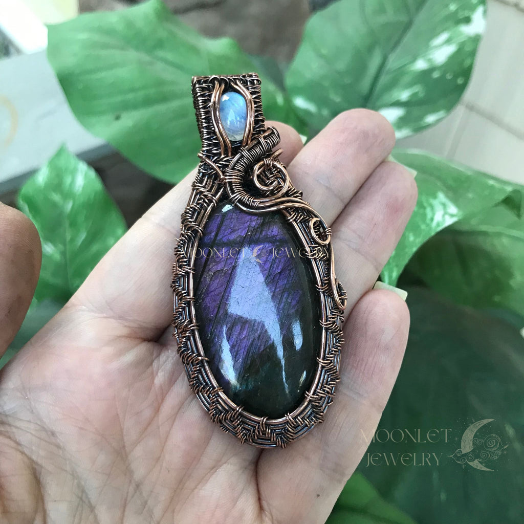 woven purple labradorite & moonstone copper pendant moonlet jewelry