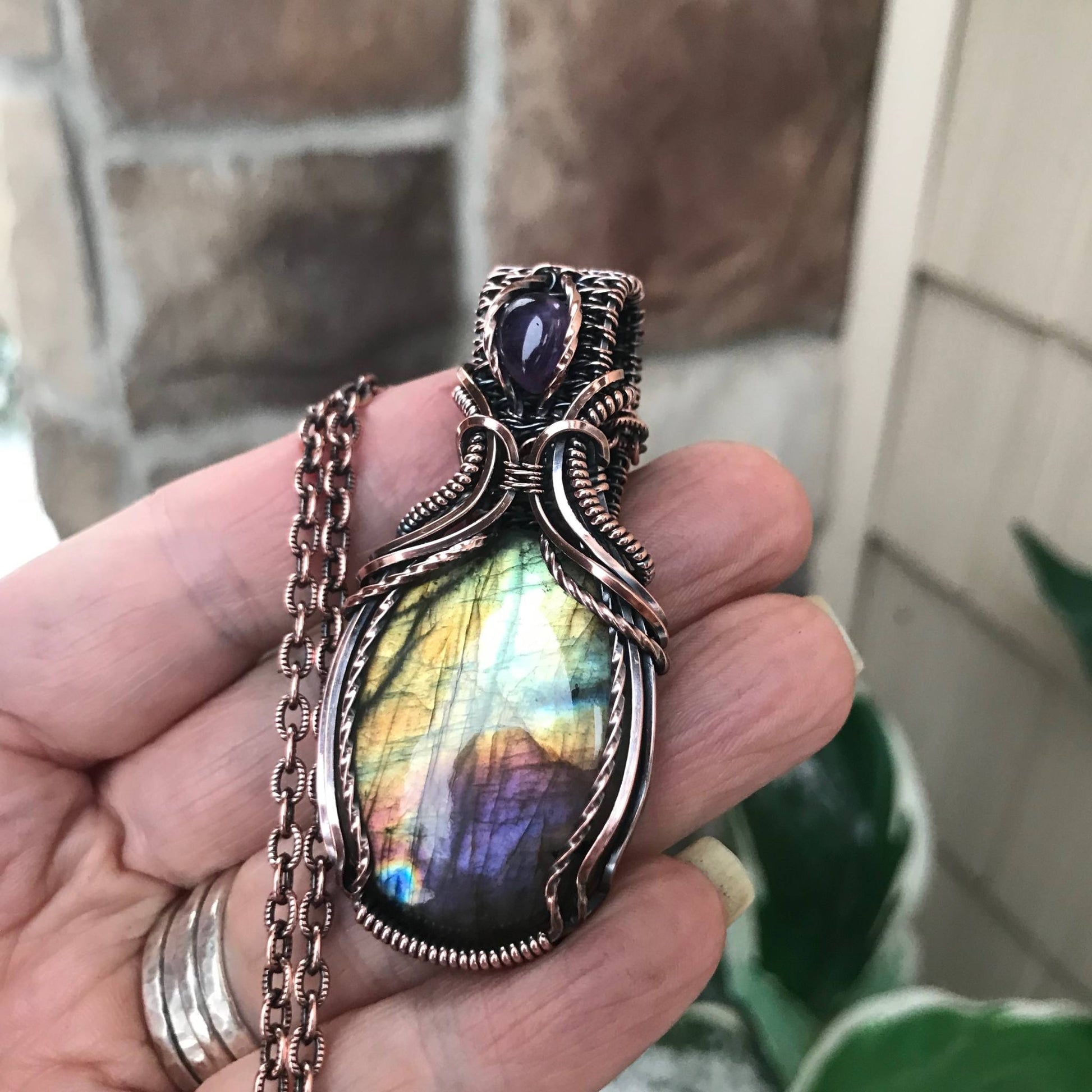 Yellow Purple Labradorite & Amethyst Copper Pendant