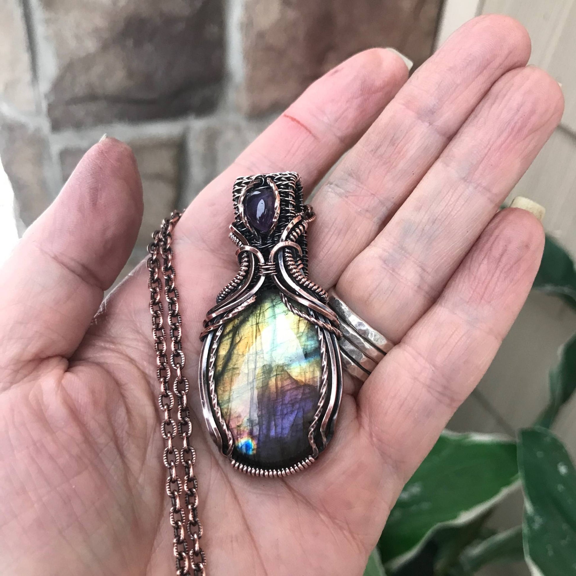 Yellow Purple Labradorite & Amethyst Copper Pendant