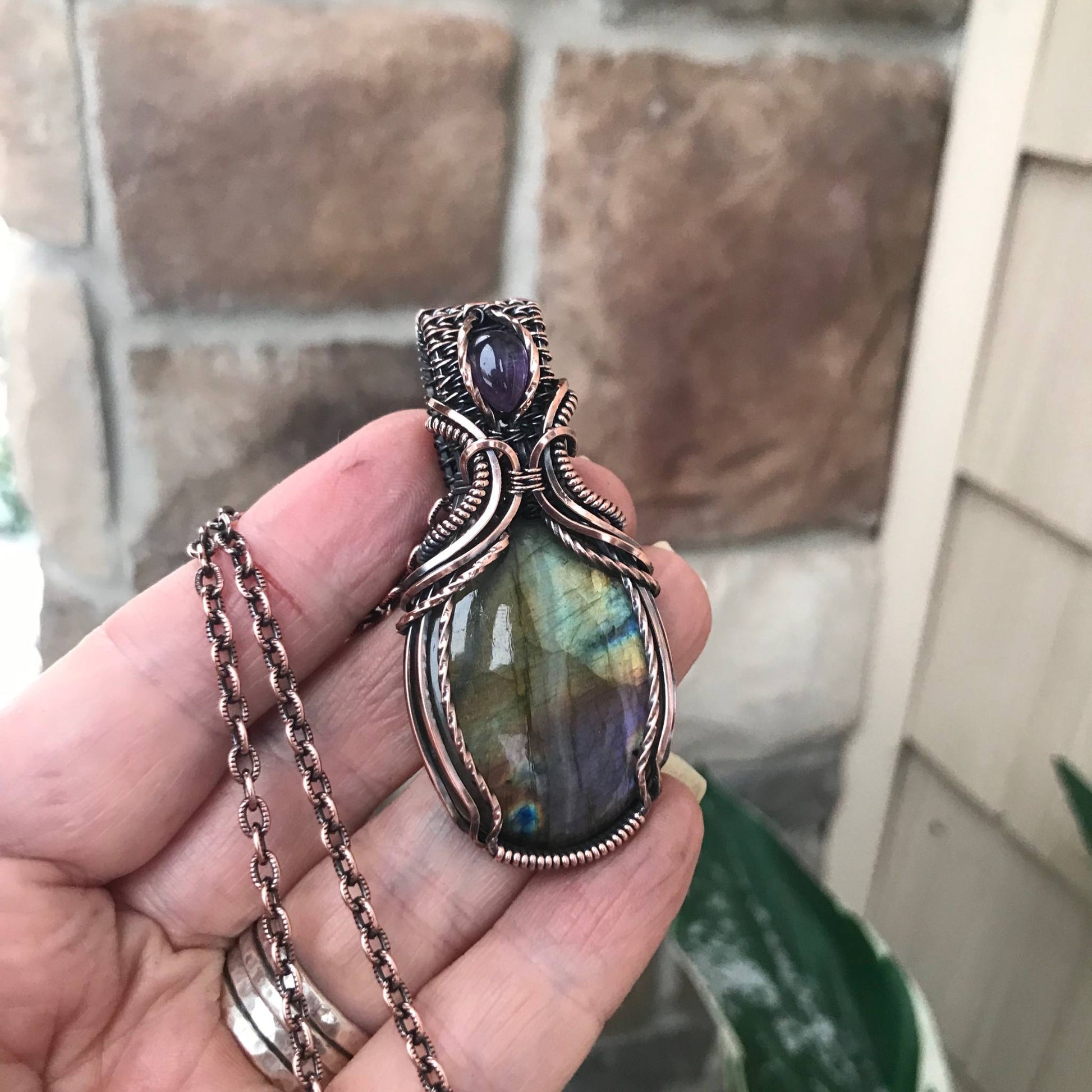 Yellow Purple Labradorite & Amethyst Copper Pendant