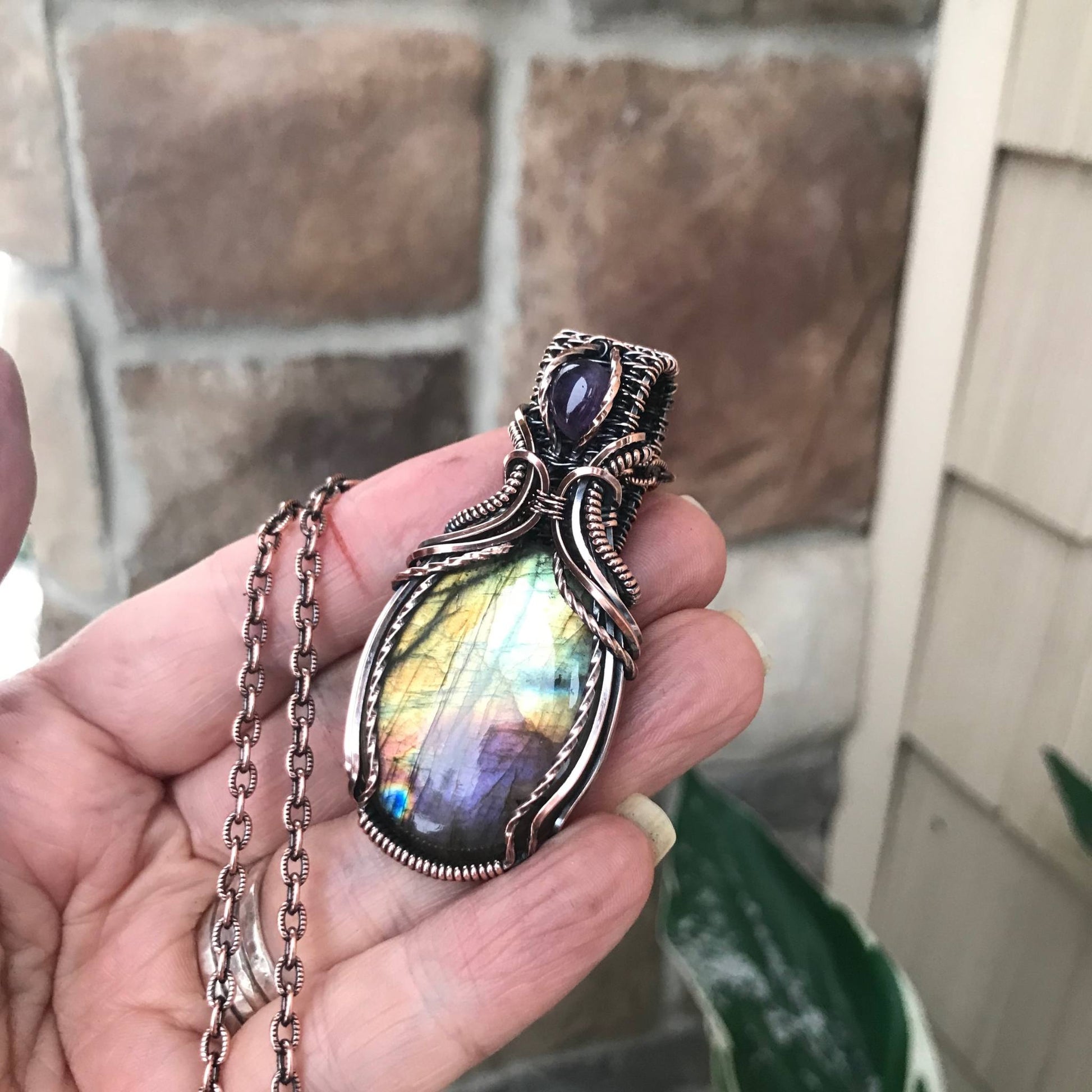 Yellow Purple Labradorite & Amethyst Copper Pendant