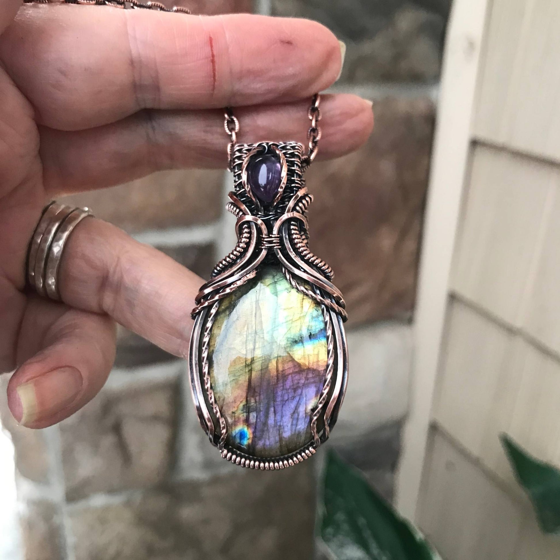 Yellow Purple Labradorite & Amethyst Copper Pendant