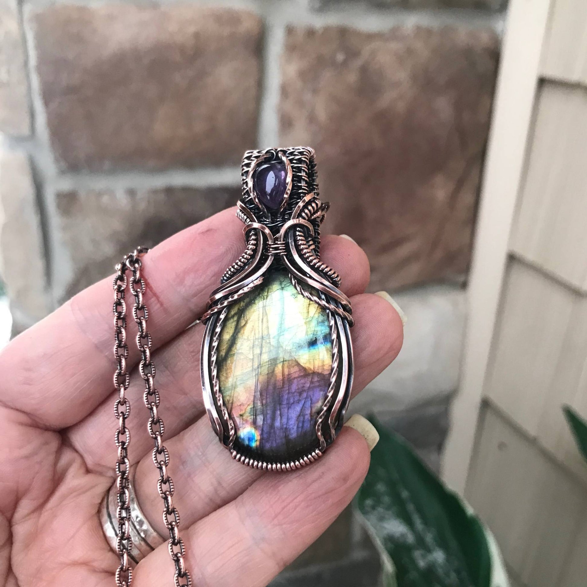 Yellow Purple Labradorite & Amethyst Copper Pendant