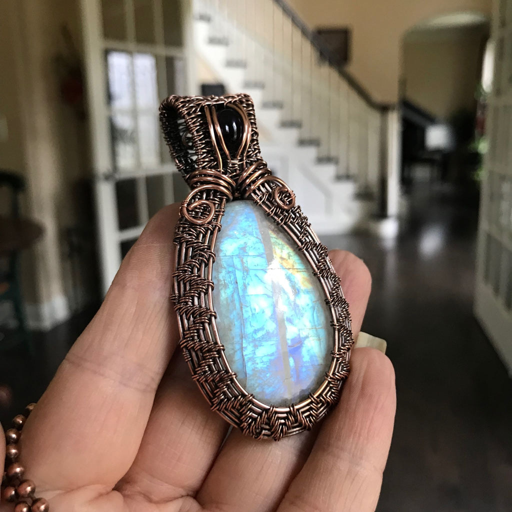 blue moonstone amethyst teardrop wire weave copper pendant