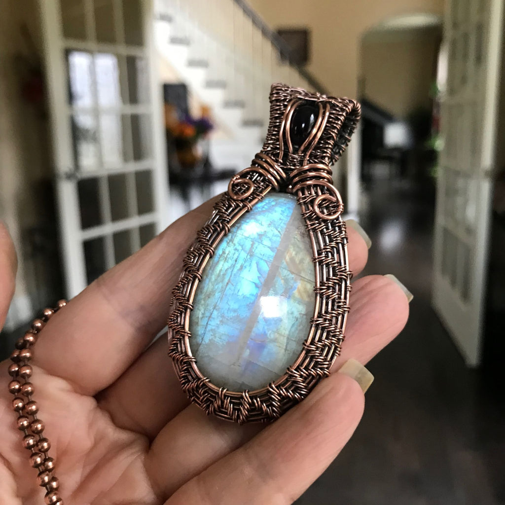 blue moonstone amethyst teardrop wire weave copper pendant