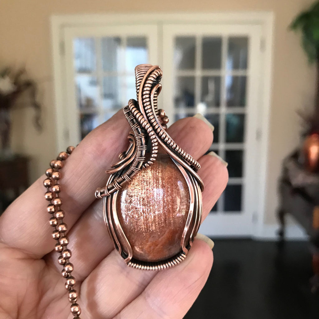 golden sunstone wire wrapped copper necklace