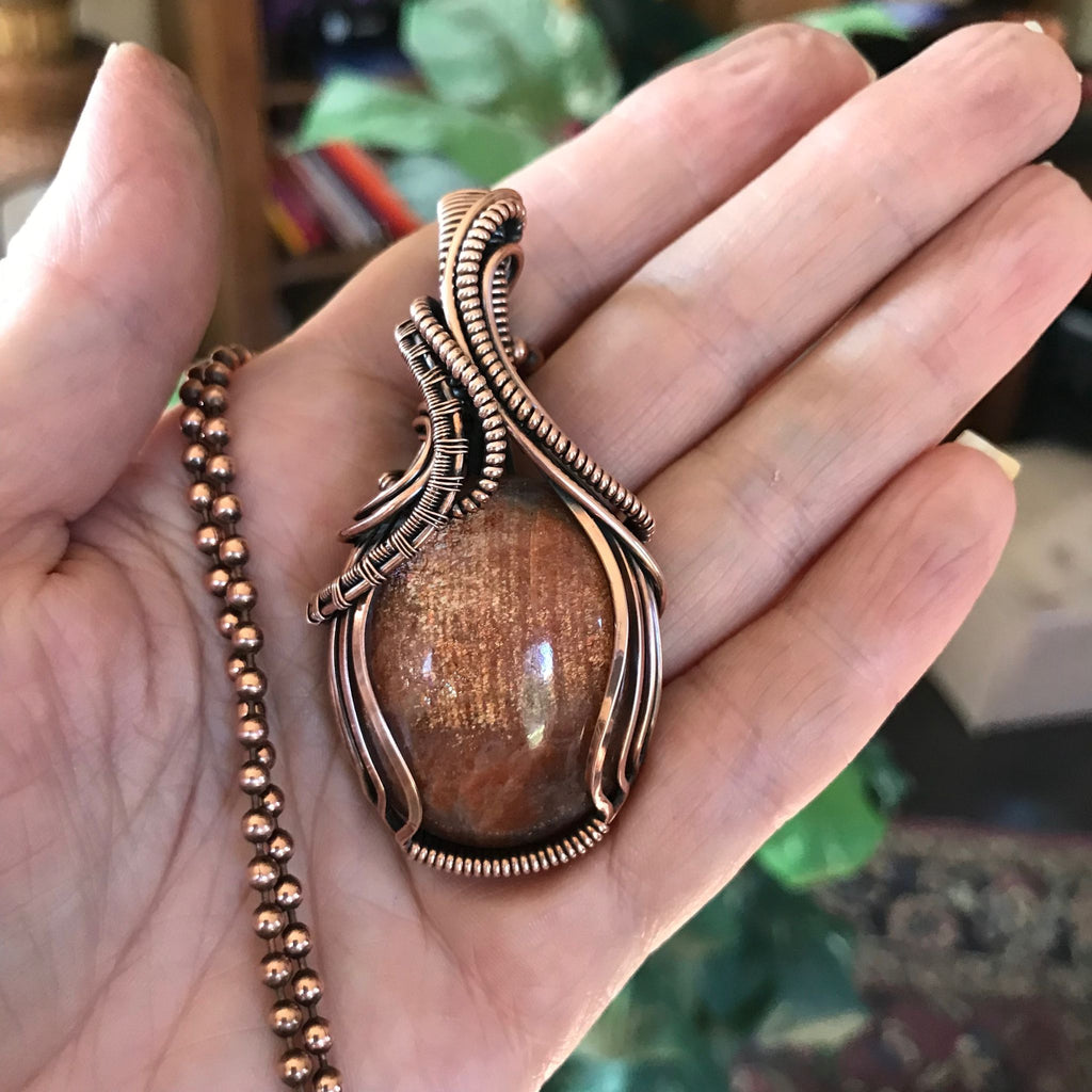golden sunstone wire wrapped copper necklace