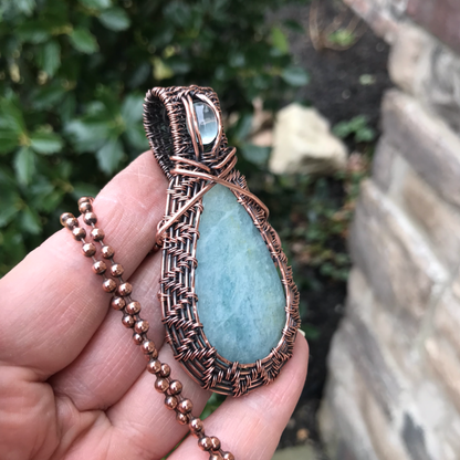 aquamarine copper wire weave woven pendant necklace moonlet jewelry