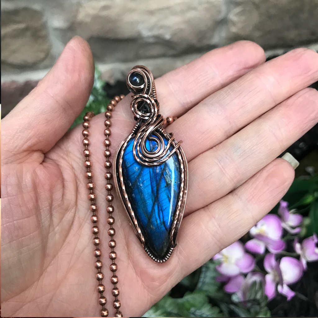 blue labradorite copper wire wrapped pendant