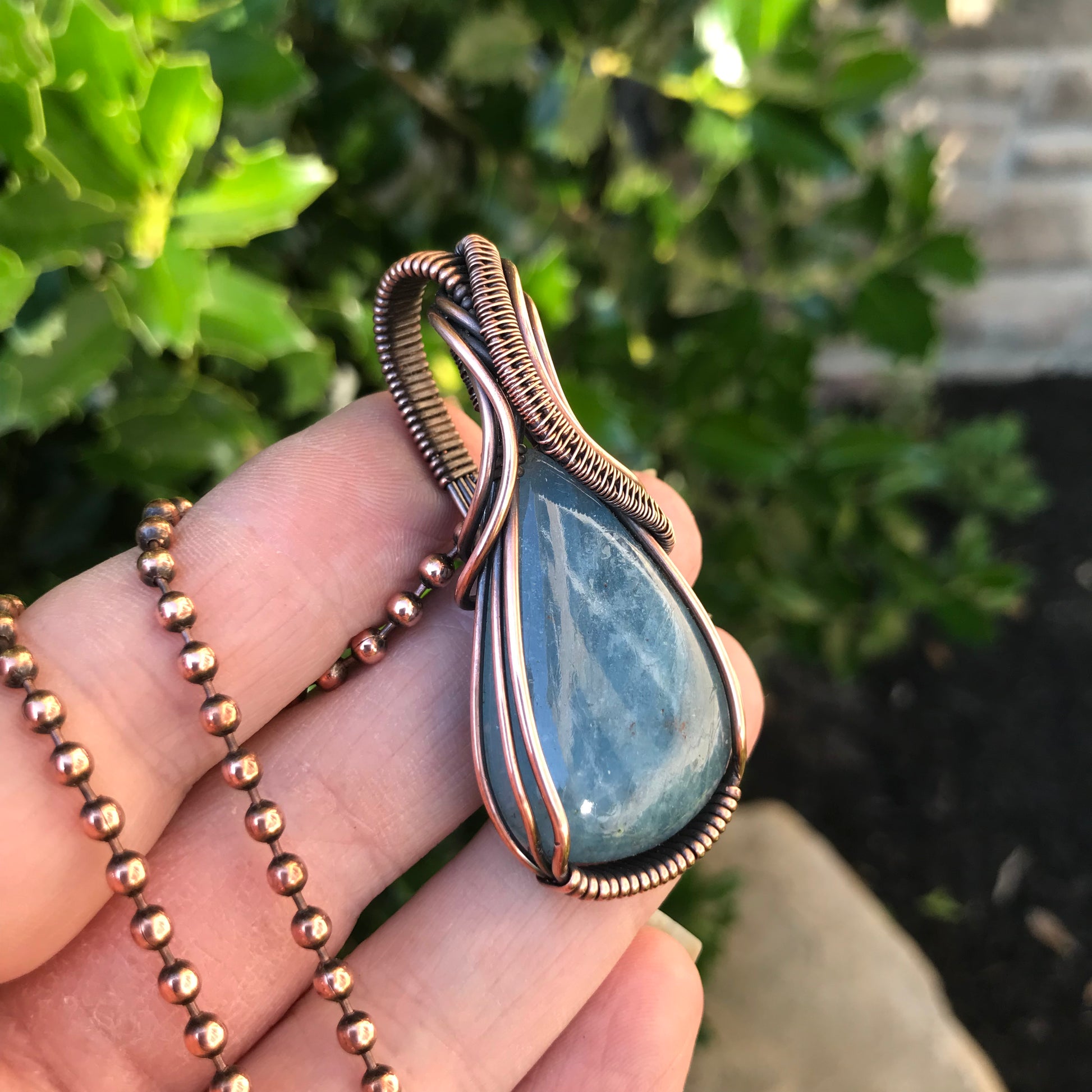 Aquamarine Wire Wrapped Necklace in Antique Copper