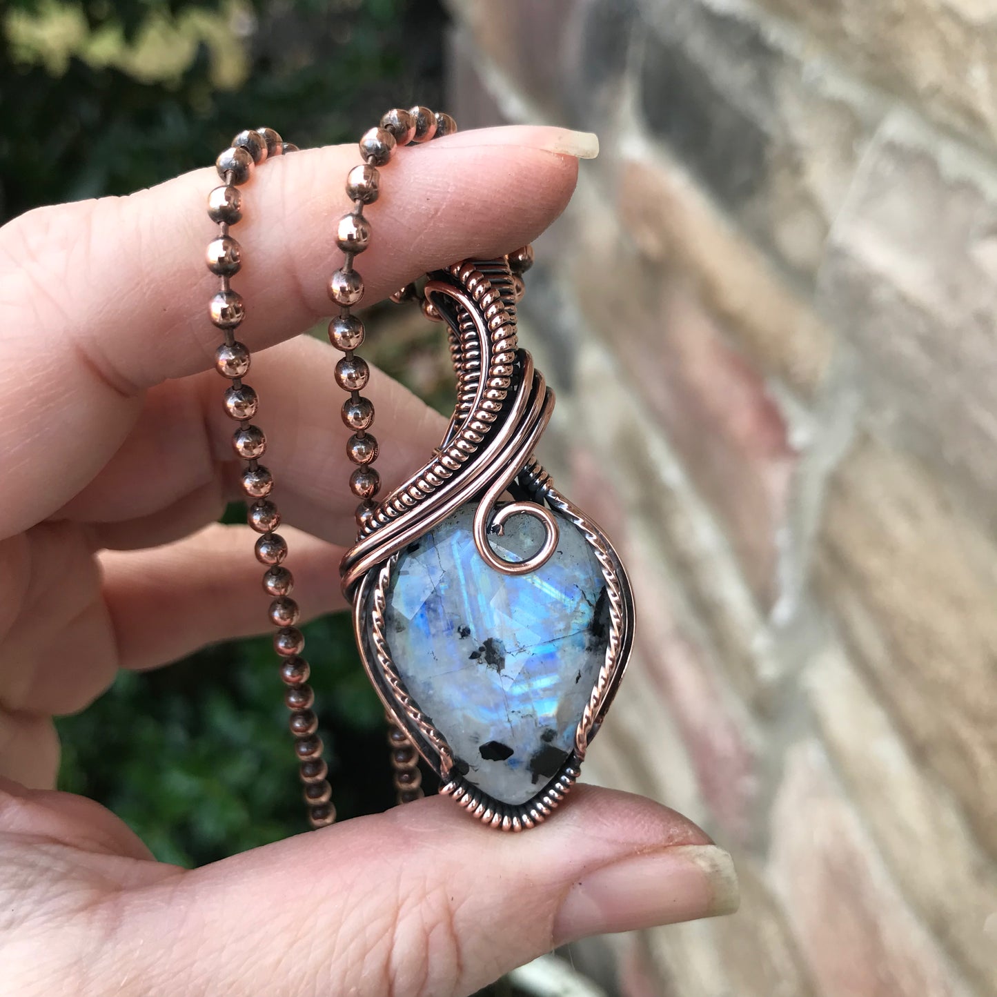 Faceted Rainbow Moonstone Wire Wrapped Copper Necklace