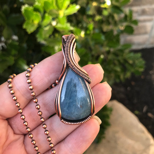 Aquamarine Wire Wrapped Necklace in Antique Copper