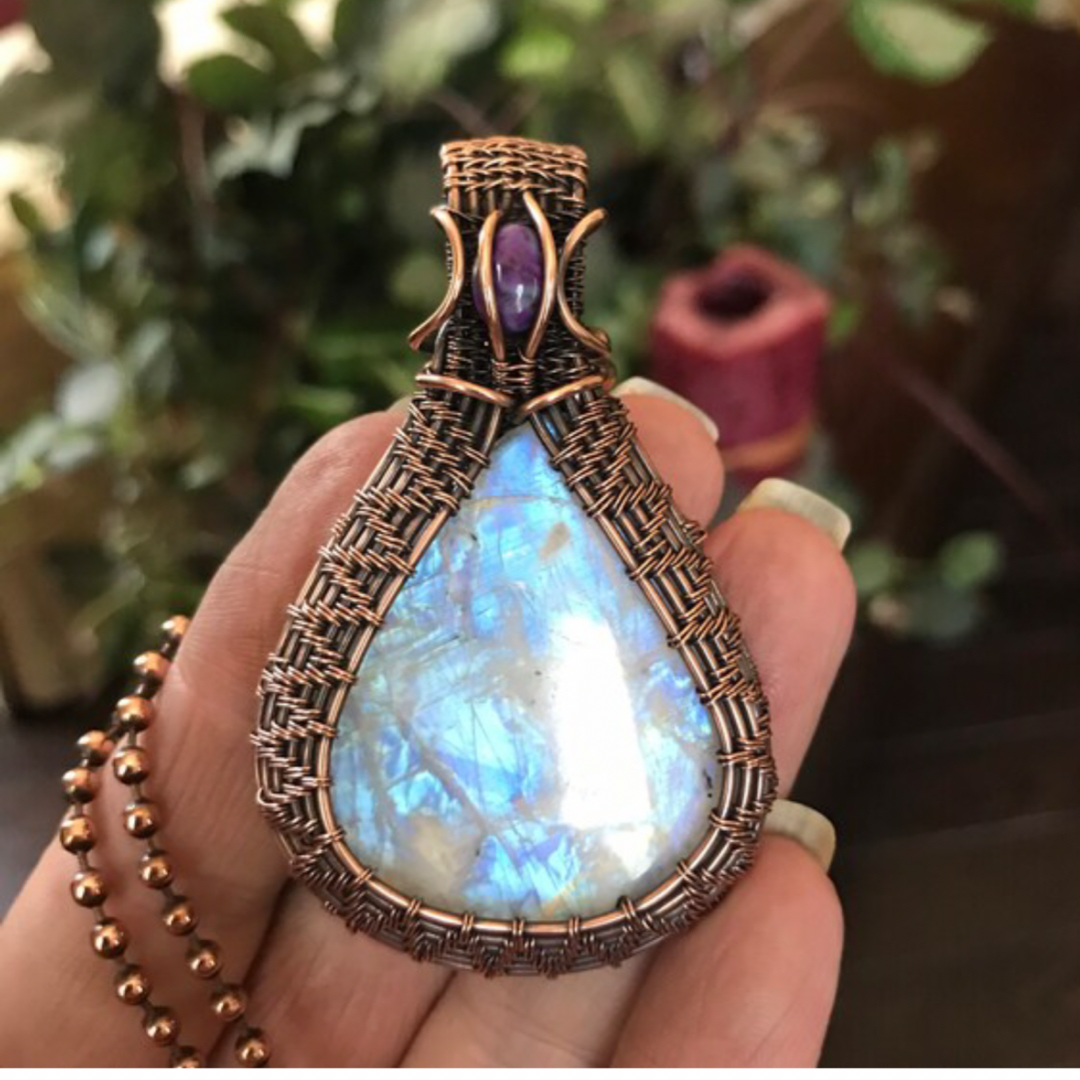 Moonstone & Purple Turquoise Wire Weave in Copper