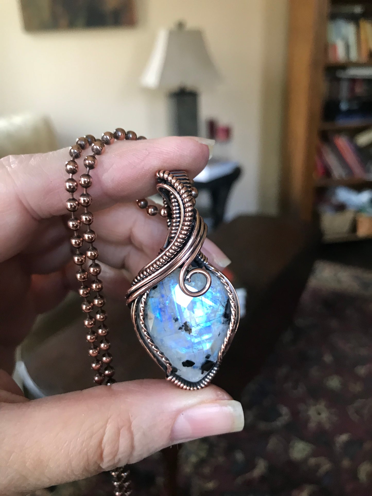 Faceted Rainbow Moonstone Wire Wrapped Copper Necklace