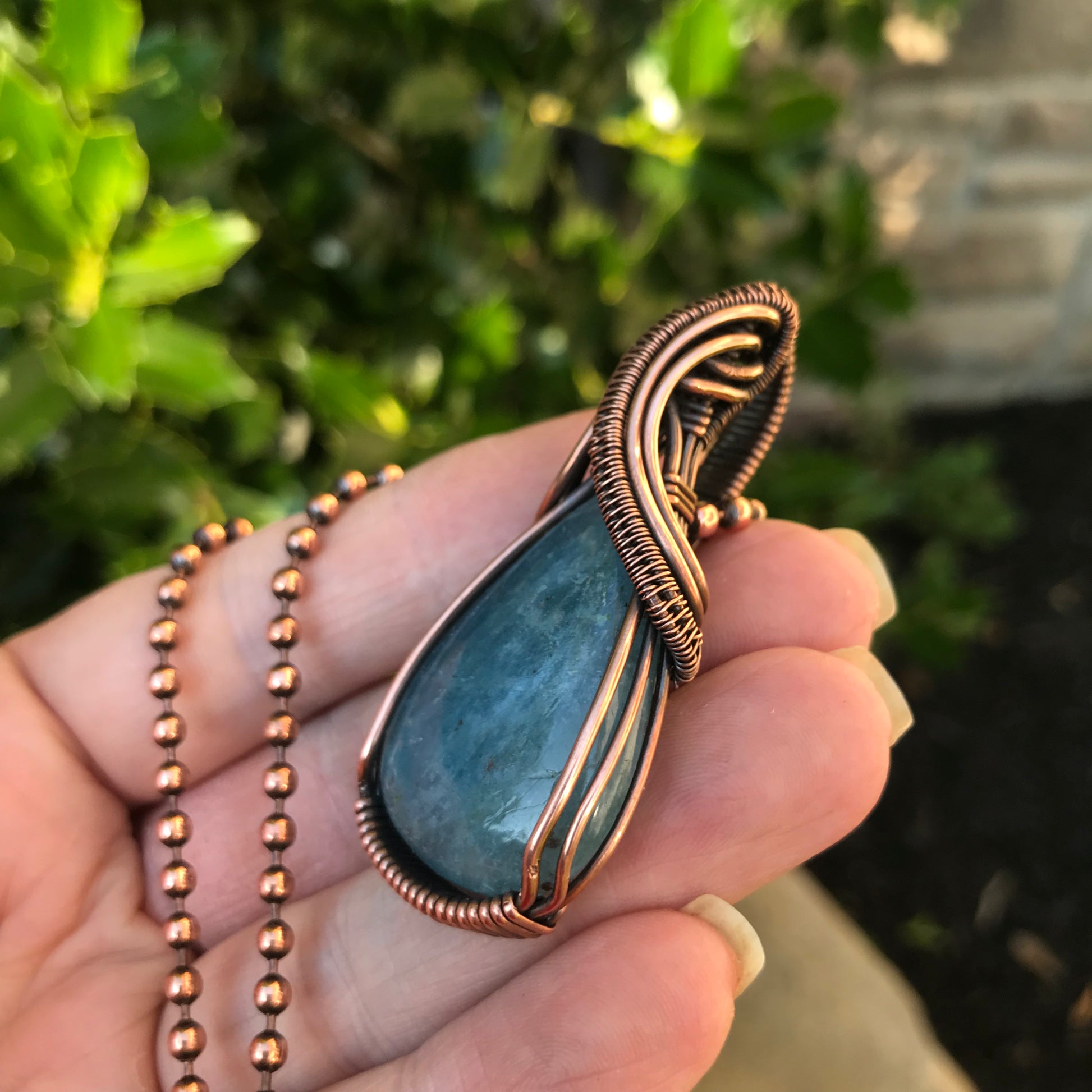 Aquamarine Wire Wrapped Necklace in Antique Copper