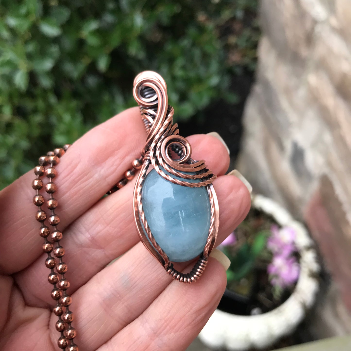 Aquamarine Wire Wrapped Copper Necklace