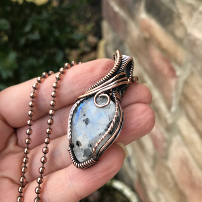 Faceted Rainbow Moonstone Wire Wrapped Copper Necklace