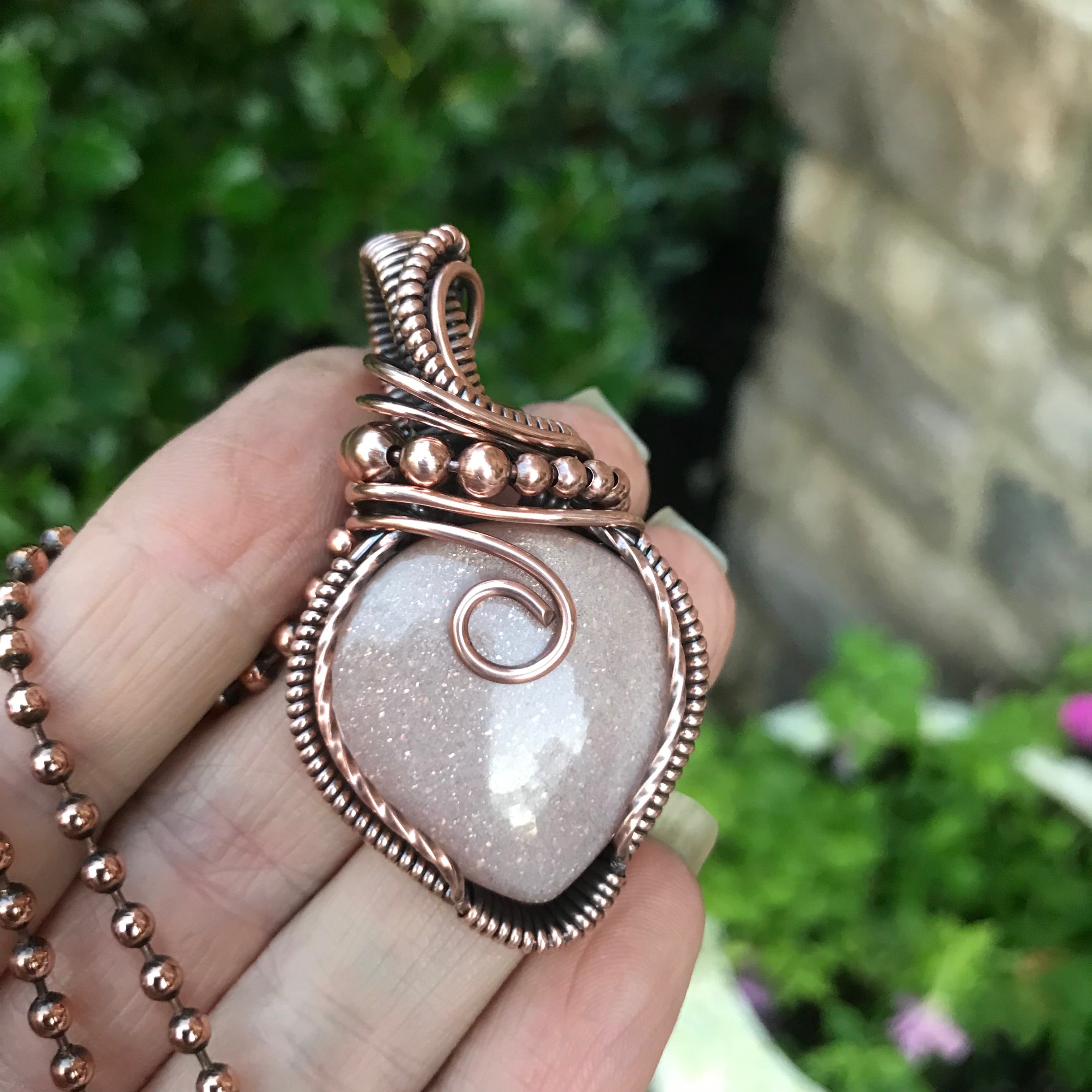 Peach Moonstone Copper Wire Wrapped Pendant