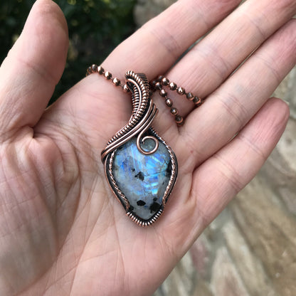 Faceted Rainbow Moonstone Wire Wrapped Copper Necklace