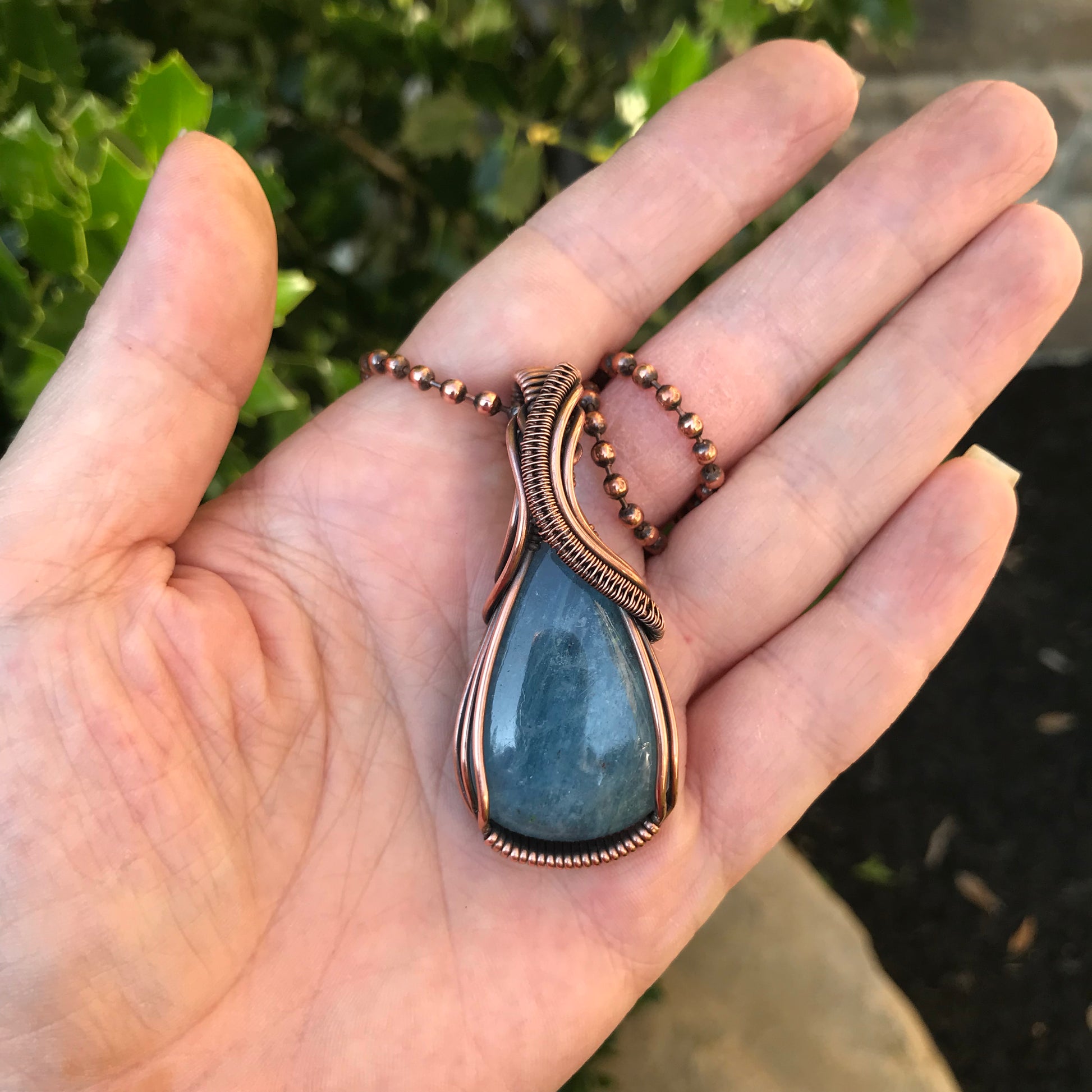 Aquamarine Wire Wrapped Necklace in Antique Copper