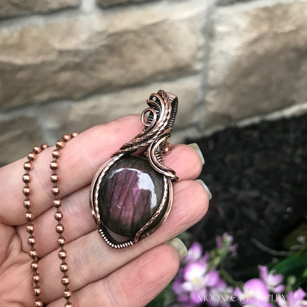 maroon purple round labradorite copper wire wrapped pendant necklace moonlet jewelry