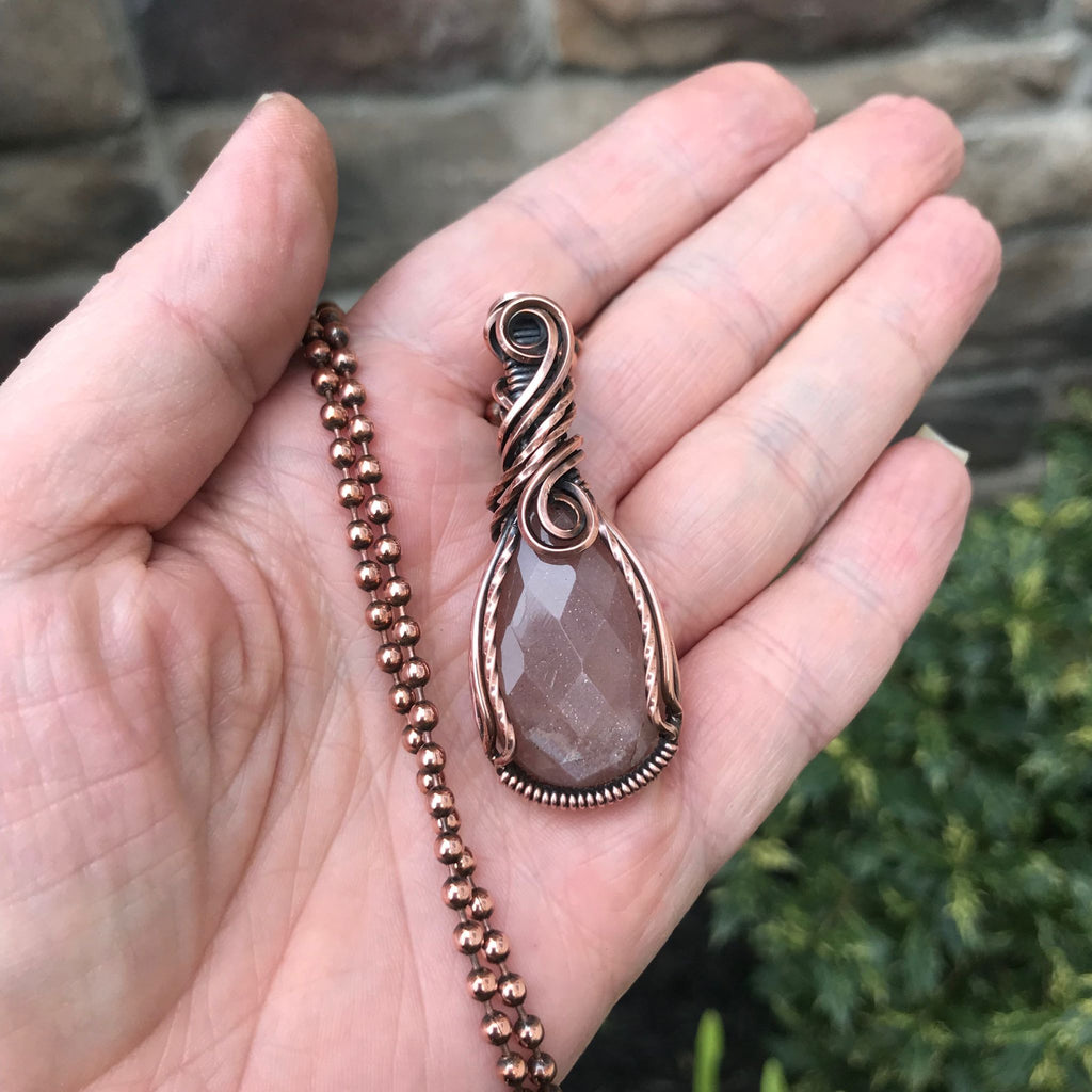 peach moonstone teardrop wire wrapped copper pendant necklace