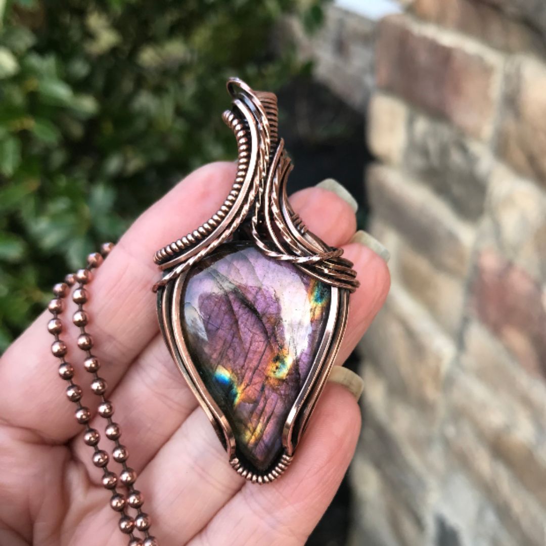 purple labradorite wire wrapped copper handmade pendant moonlet jewelry