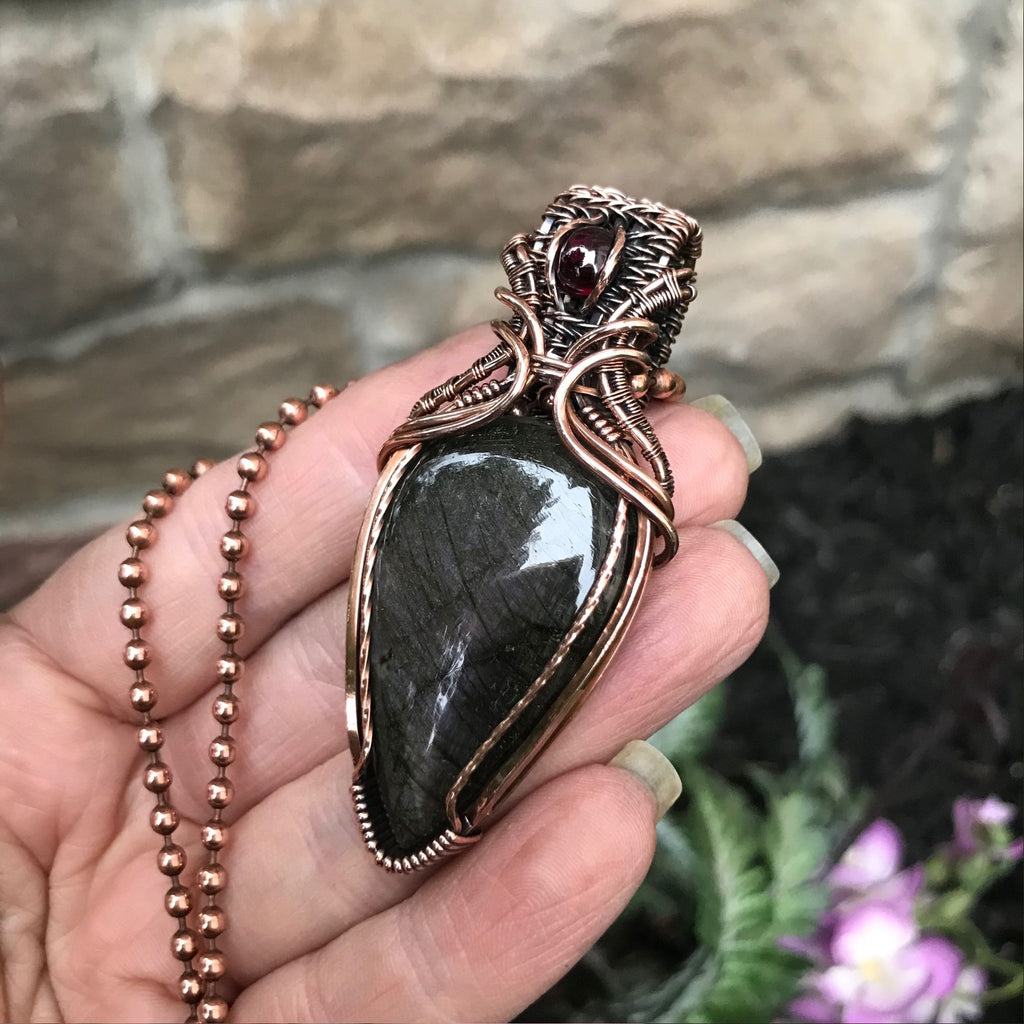 purple labradorite garnet wire wrapped copper pendant necklace moonlet jewelry