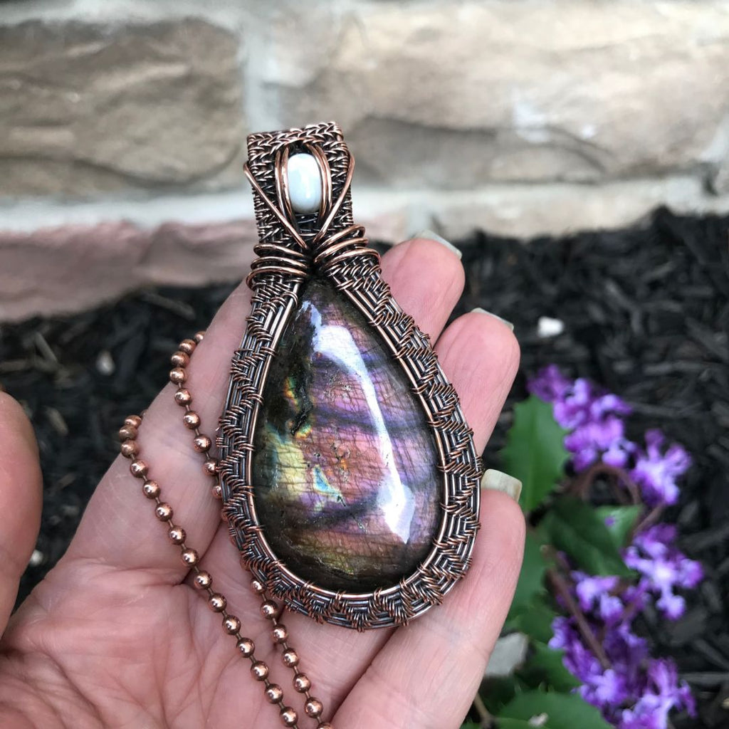purple pink labradorite mother pearl wire wrapped weave copper pendant moonlet jewelry