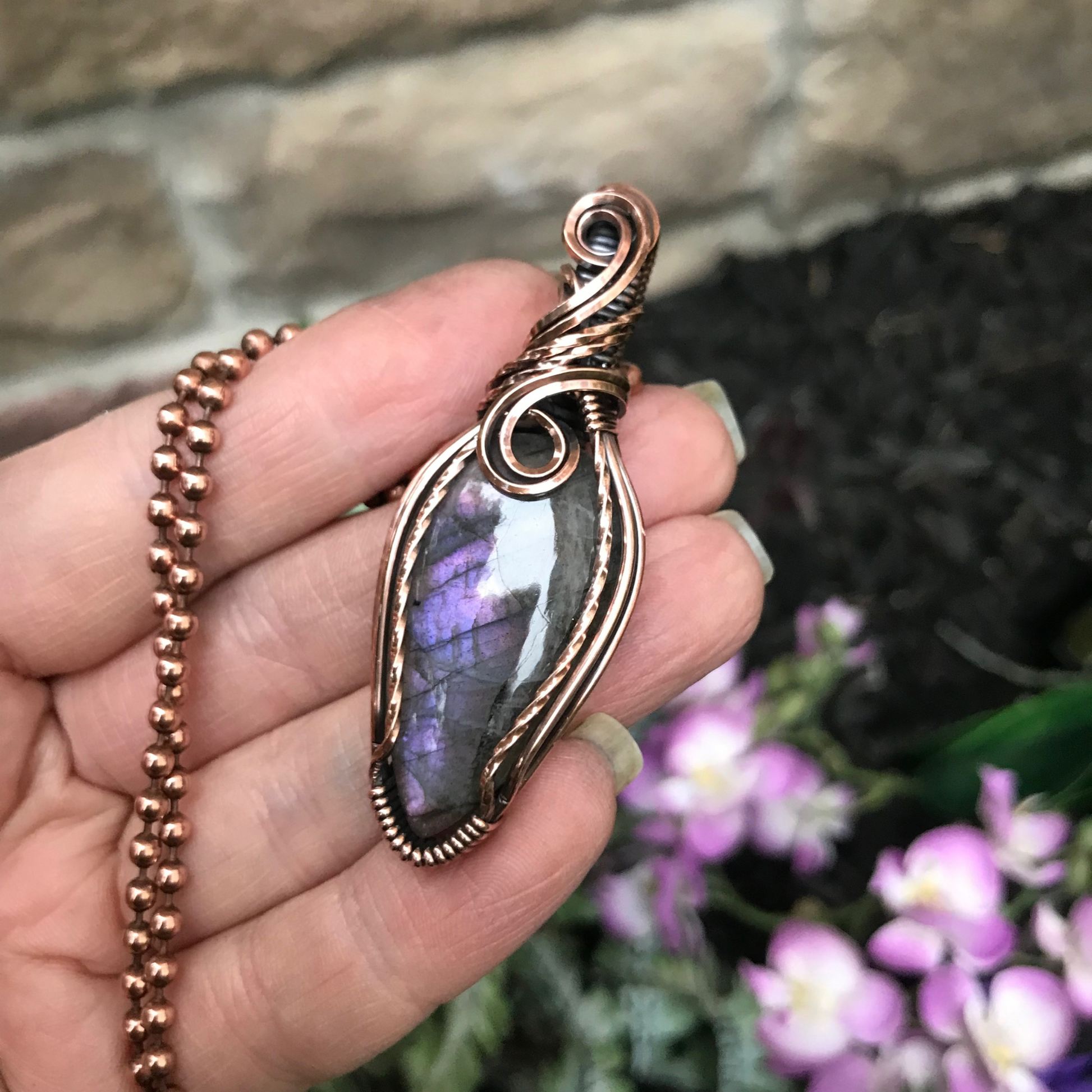 purple pink small labradorite copper marquis wire wrapped pendant moonlet jewlery