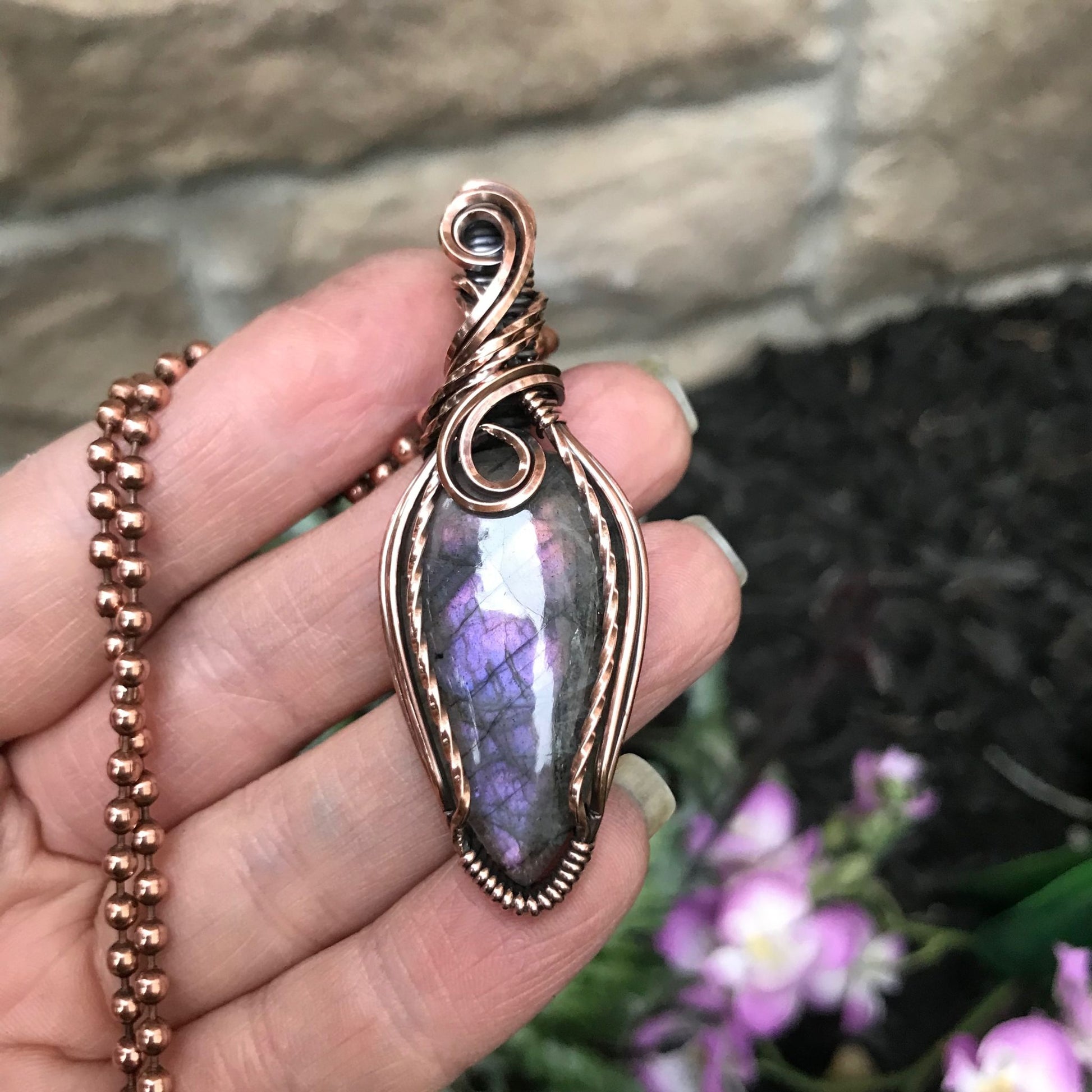 purple pink small labradorite copper marquis wire wrapped pendant moonlet jewlery