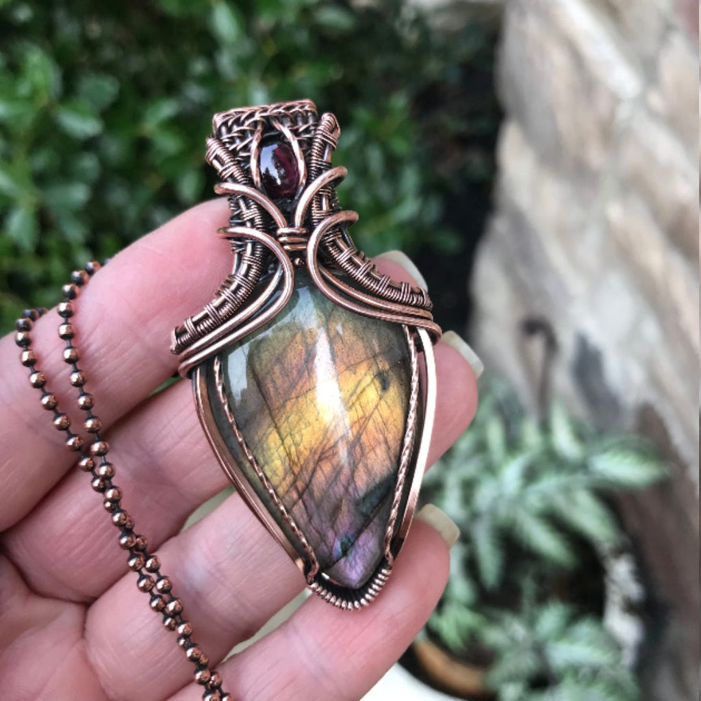 rainbow labradorite garnet wire wrapped copper pendant moonlet jewelry