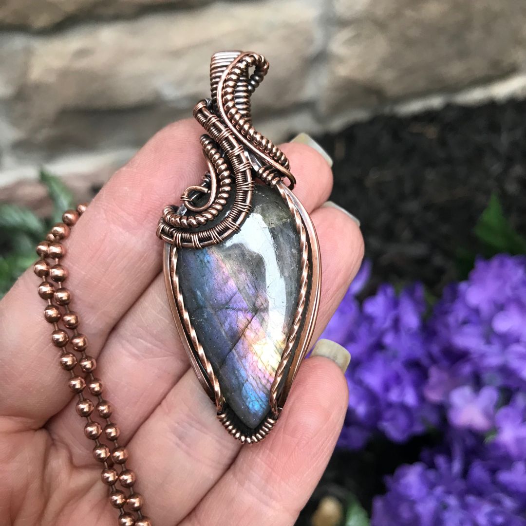 rainbow labradorite handmade wire wrapped copper pendant moonlet jewelry